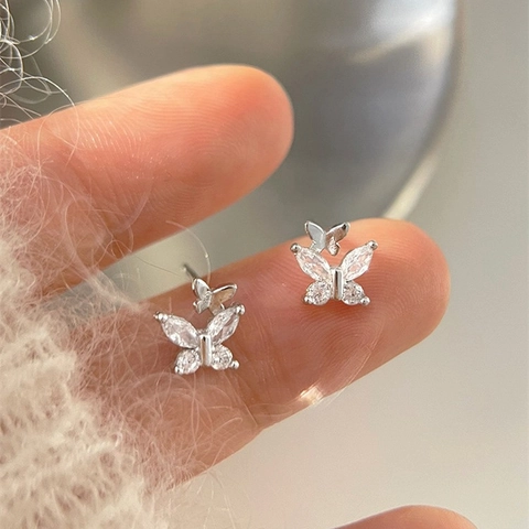 Orecchini A Lobo Doppia Farfalla Rame Con Zirconia Cubica Elegante Minimalista Gioielli Donna Perno In Argento