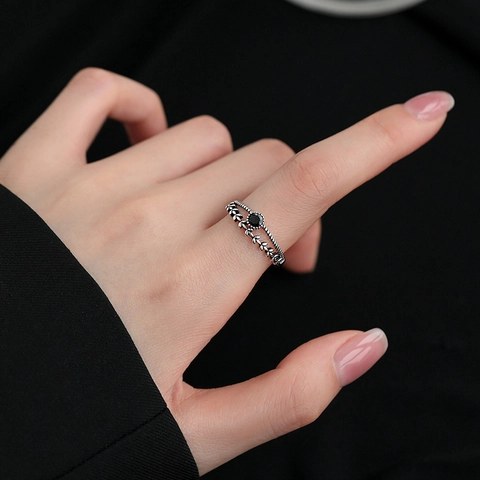 Anello Spiga Di Grano A Doppio Strato Vintage Per Donna Rame Zircone Nero Design A Foglia Gioielli Di Moda Regolabili