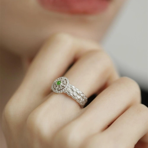 Anello Tondo Vintage Giada Verde Strass Pizzo Intrecciato Rame Regolabile Anello Da Indice Gioielli Da Donna
