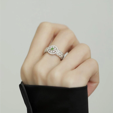 Anello Tondo Vintage Giada Verde Strass Pizzo Intrecciato Rame Regolabile Anello Da Indice Gioielli Da Donna