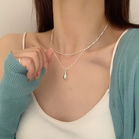 Double Layer Teardrop Pendant Necklace Copper Water Drop Rice Bead Chain Minimalist Fashion Jewelry For Women Elegant