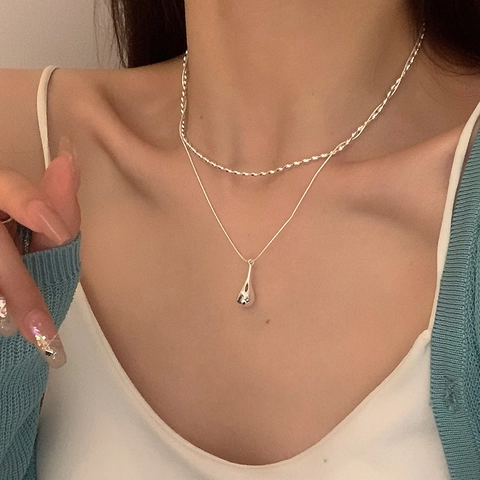 Double Layer Teardrop Pendant Necklace Copper Water Drop Rice Bead Chain Minimalist Fashion Jewelry For Women Elegant