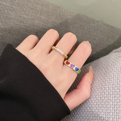 Anello Aperto In Smalto A Cuore Colorato In Rame Fascia Regolabile Gioielli In Stile Coreano Dolce Per Donne