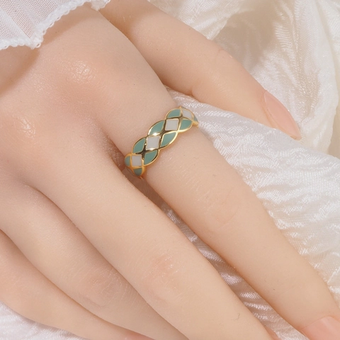 French Vintage Quilted Enamel Adjustable Copper Ring Two Tone Gold Plated Fashion Luxury Jewelry For Women