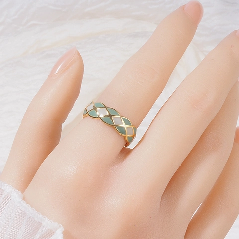 French Vintage Quilted Enamel Adjustable Copper Ring Two Tone Gold Plated Fashion Luxury Jewelry For Women