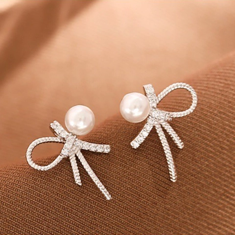 Orecchini A Lobo Con Perla Artificial E Fiocco Con Perno In Argento Sterling 925 Rame Zircone Incastonato Elegante Dolce Per Donne
