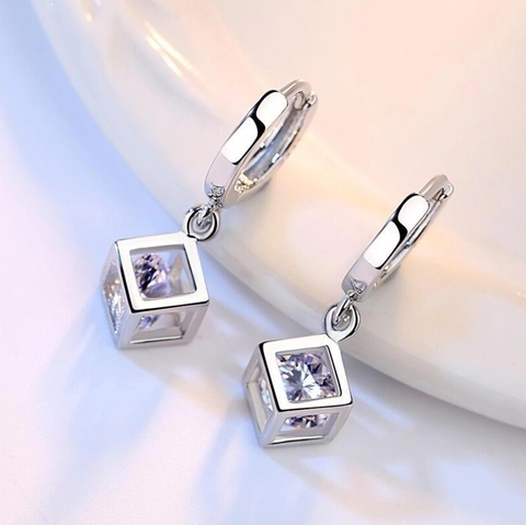 Boucles Oreilles Créoles Cube Creux Géométrique Avec Tige En Argent 925 Zircone Mode Élégante Pour Femmes