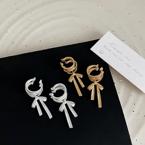 Orecchini Clip Senza Buco Fiocco Nastro Rame Multistrato Ear Cuff Gioielli Stile Balletcore Per Donne