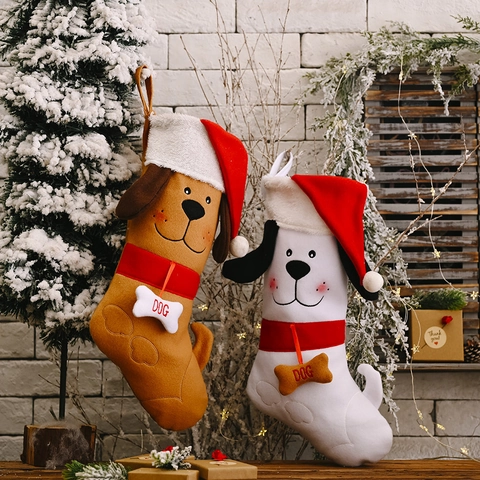 Christmas Stocking Gift Bag Flannel Plush Cartoon Puppy Dog Face With Santa Hat Bone Tag Holiday Hanging Decoration