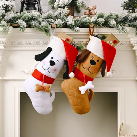 Christmas Stocking Gift Bag Flannel Plush Cartoon Puppy Dog Face With Santa Hat Bone Tag Holiday Hanging Decoration