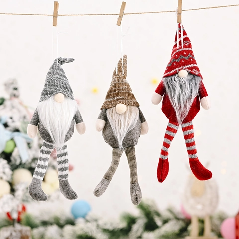Kerstkabouter Pluche Hangende Decoratie Gebreide Gezichtsloze Tomte Pop Met Lange Gestreepte Benen En Witte Baard Voor Kerstboom