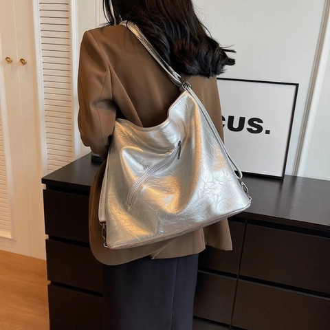 Falten PU Leder Tote Tasche Große Kapazität Minimalistische Unterachsel Schulter Handtasche Für Frauen Vintage Stil Reißverschluss