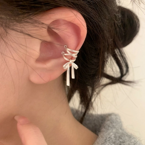 Orecchini Clip Senza Buco Fiocco Nastro Rame Multistrato Ear Cuff Gioielli Stile Balletcore Per Donne