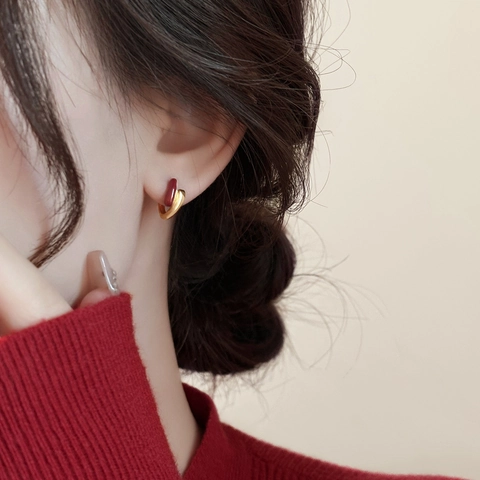 Orecchini Huggie In Rame Retrò Francese Con Smalto Rosso Goccia D'acqua Stile Vintage Per Donna