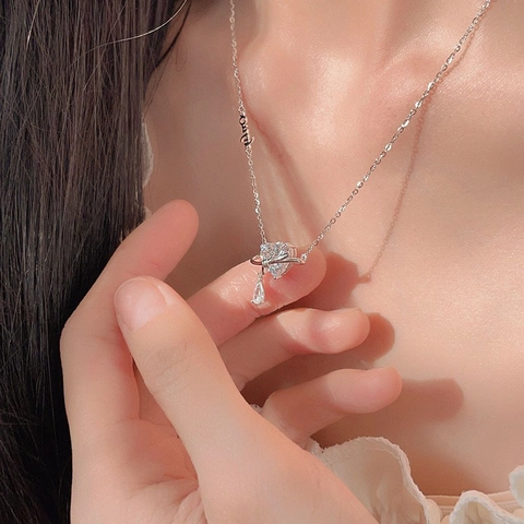 Heart Zircon Planet Necklace With Water Drop Pendant Silver Plated Copper Romantic Only Letter Chain For Women Valentine Gift Jewelry