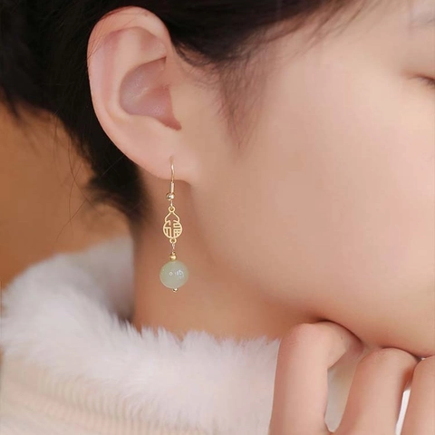 Vintage Chinese Style Gourd Fu Character Dangle Earrings Golden Copper With Light Green Imitation Hetian Jade Bead