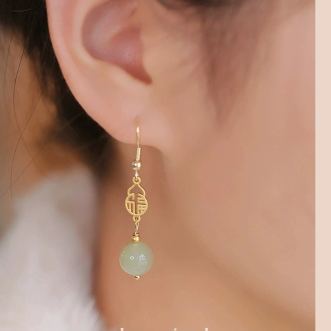 Vintage Chinese Style Gourd Fu Character Dangle Earrings Golden Copper With Light Green Imitation Hetian Jade Bead