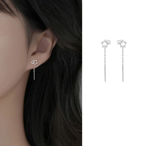 Hollow Star Threader Earrings Copper With 925 Sterling Silver Earring Post Long Chain Pentagram Tassel For Women
