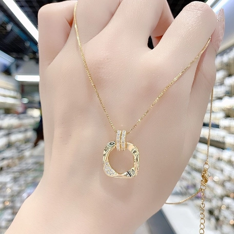 Gold Hollow Square Geometric Pendant Necklace Copper Micro Pave Zircon Textured Clavicle Chain For Women