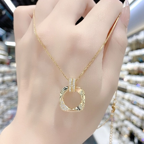 Gold Hollow Square Geometric Pendant Necklace Copper Micro Pave Zircon Textured Clavicle Chain For Women