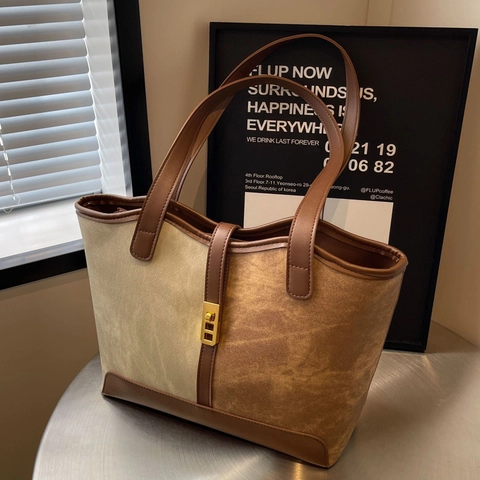 Bolso de Mano Vintage Francés Gran Capacidad Bloque de Color PU Lona Empalme Bolso de Hombro Con Hebilla de Metal Mujer