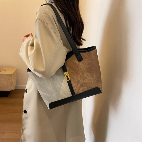 Bolso de Mano Vintage Francés Gran Capacidad Bloque de Color PU Lona Empalme Bolso de Hombro Con Hebilla de Metal Mujer