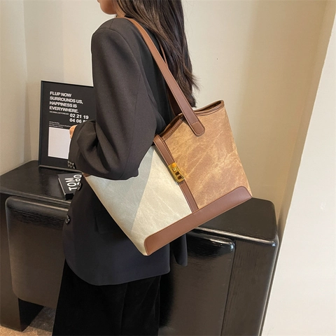 Grand Sac Fourre-tout pour Femme au Design Contrasté Vintage en Cuir PU Sac à Épaule Décontracté pour Bureau et Travail Chic