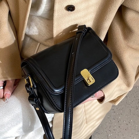 Vintage PU Leather Flap Shoulder Bag For Women Gold Lock Square Crossbody Bag Solid Color Trendy Minimalist Satchel Bag