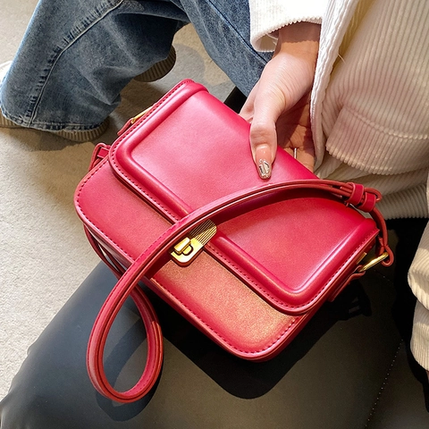 Vintage PU Leather Flap Shoulder Bag For Women Gold Lock Square Crossbody Bag Solid Color Trendy Minimalist Satchel Bag