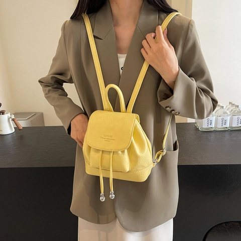 Women Mini Fashion Backpack Lychee Pattern PU Leather Small Travel Rucksack With Drawstring Bead Decor Daily Shoulder Bag