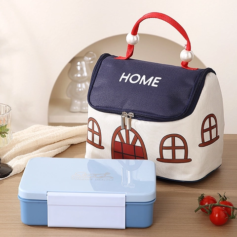 Creatieve Huis Vorm Geïsoleerde Lunchtas Oxford Doek Aluminiumfolie Thermische Bento Tas Met Parel Handvat Voor Vrouwen