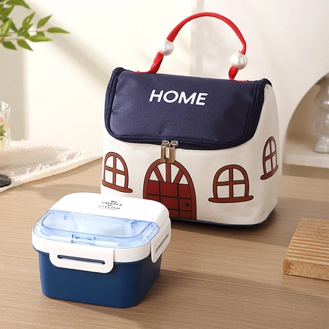 Creatieve Huis Vorm Geïsoleerde Lunchtas Oxford Doek Aluminiumfolie Thermische Bento Tas Met Parel Handvat Voor Vrouwen