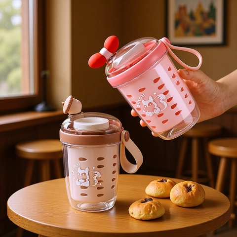 Portable Double Layer Salad Cup With Fork Cartoon Squirrel Pattern PP Breakfast Oatmeal Yogurt Cup With Handle Kawaii Lunch Container