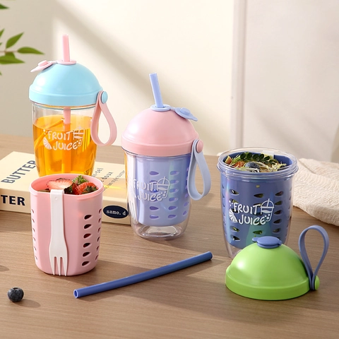 Taza de Desayuno de Ensalada Portátil Con Pajita Y Tenedor Doble Capa de Plástico Para Drenaje de Frutas Botella de Agua Para Picnic Camping Al Aire Libre