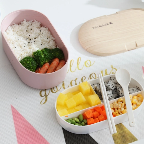 Nordischer Stil Oval Doppelschichtig Brotdose Holzmaserung Tragbare Bento-Box Mikrowellengeeignet Für Schule Büro Erwachsene Mit Besteck
