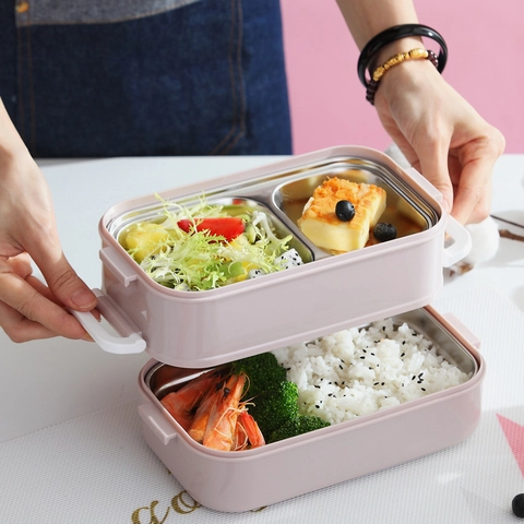 Boîte à Bento Japonaise en Acier Inoxydable 304 Double Couche Compartiment Boîte à Déjeuner Portable Couvercle Grain de Bois