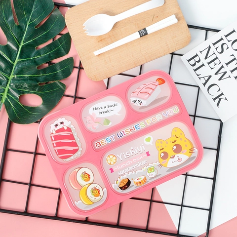 Boîte à Déjeuner Dessin Animé Style Japonais Avec Compartiments Et Ustensiles Étanche Micro-ondes Plastique PP Bento Pour Enfants Adultes