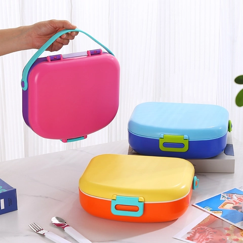 Boîte à Déjeuner Bento Compartimentée Portable en Plastique de Qualité Alimentaire Récipient Hermétique Avec Poignée Pour École Bureau Pique-Nique