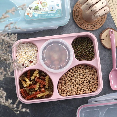 Boîte à Lunch en Plastique Style Japonais Avec Compartiments Couvercle Scellé Cuillère Compatible Micro-ondes Étanche Pour Enfants