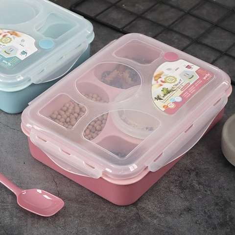 Boîte à Lunch en Plastique Style Japonais Avec Compartiments Couvercle Scellé Cuillère Compatible Micro-ondes Étanche Pour Enfants