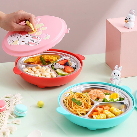 Assiette Pour Enfants En Acier Inoxydable 304 Dessin Animé Lapin Boîte À Déjeuner Compartimentée Plateau Repas Chaud Pour Tout-Petits