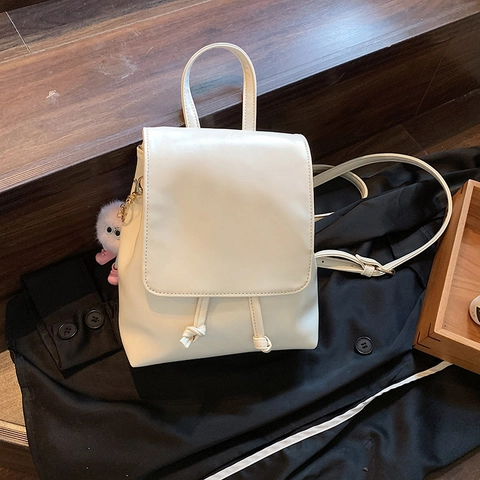 Women's Fashion PU Leather Backpack Minimalist Glossy Drawstring Flap Mini Backpack With Plush Charm Vintage Casual Shoulder Bag