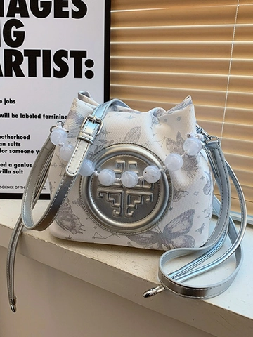 Damen PU Leder Schmetterling Druck Eimertasche Mit Perlengriff Kordelzug Umhängetasche Handtasche Für Den Alltag