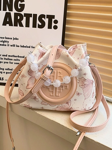 Damen PU Leder Schmetterling Druck Eimertasche Mit Perlengriff Kordelzug Umhängetasche Handtasche Für Den Alltag