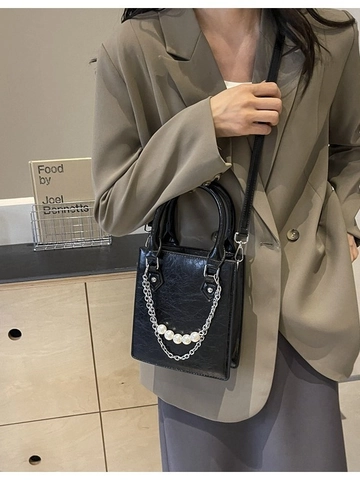 Fashion Women PU Leather Crossbody Bag With Artificial Pearl Chain Square Handbag Metallic Wrinkled Texture Shoulder Bag For Daily Party