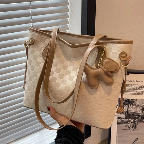 Grande Borsa Tote In Pelle PU Donna Trama Rombi Scacchi Borsa A Tralla Moda Urbana Pendolare Con Ciondolo Cucciolo