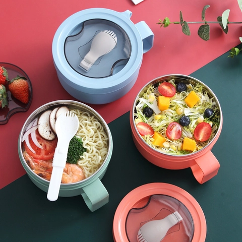 304 Stainless Steel Instant Noodle Bowl With Lid And Handle Japanese Style Thermal Lunch Box With Foldable Spoon For Office Students
