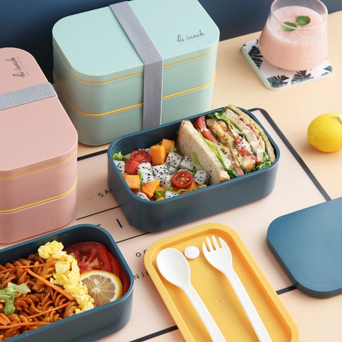 Porta Pranzo Bento A Doppio Strato Portatile Con Cucchiaio E Forchetta Contenitore Per Alimenti In Plastica Microonde
