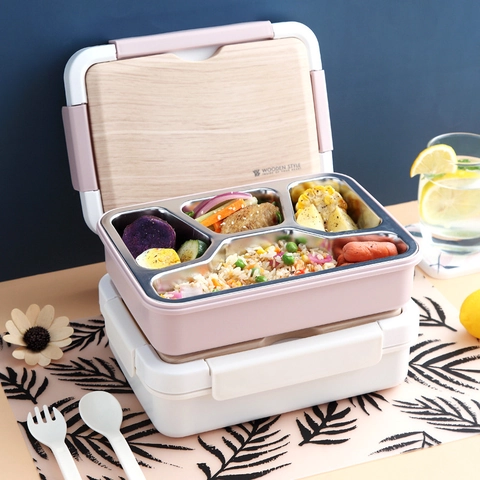 Edelstahl Unterteilt Bento Lunchbox Mit Holzstruktur Deckel Auslaufsicher Isoliert Tragbarer Lebensmittelbehälter Für Schule Büro
