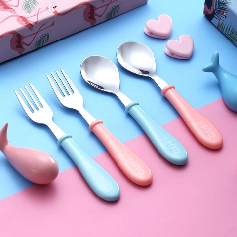 Portable 304 Stainless Steel Fork And Spoon For Kids Cartoon Pattern PP Handle Children Training Tableware Travel Feeding Utensils